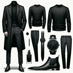 Revise the fashion illustration to include a high-quality black crew neck sweater, maintaining the mysterious and sophisticated outfit that complements the fragrance Ormonde Man by Ormonde Jayne. Keep the dark charcoal tailored wool coat, dark fitted trousers in fine wool or a wool-cashmere blend, black leather Chelsea boots with a slightly pointed toe, a minimalist black statement watch, and a silver signet ring. This update should reflect a casual sophistication, preserving the enigmatic allure and refined elegance suitable for a man of intrigue. Men Dark Style, Boots And Suits Men, Pilot Fashion Men, Outfit Elegant Men, Total Black Outfit Men, Dark Outfits Men, Monochrome Black Outfit, Man Black Suit