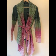 Vertigo Pink Green Ombr Belted Crochet Cardigan Nwtin Size Medium Gorgeous, Bohemian, Earthy, Stylish Pink Open Knit Cardigan For Fall, Fall Pink Open Knit Cardigan, Pink Sweater For Spring Layering, Long Pink Sweater For Spring, Pink Long Sweater For Spring, Pink Open Knit Outerwear For Layering, Pink V-neck Open Knit Cardigan, Pink Open Knit V-neck Cardigan, Multicolor Open Knit Outerwear For Spring