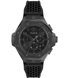 From Philipp Plein&#x2C; this men's watch features:Black silicone strap IP black stainless steel caseBlack guilloch dialBuckle closureChronograph movementCase size approx. 46mmImported. Modern Black Chronograph Watch With Skeleton Dial, Luxury Black Chronograph Watch With Tachymeter, Designer Black Watch With Skeleton Dial, Black Watches With Subdials, Designer Black Automatic Chronograph Watch, Black Chronograph Watch With Skeleton Dial, Designer Black Chronograph Watch For Formal Occasions, Black Watches With Subdials And Rectangular Dial, Designer Black Chronograph Watch For Formal Events