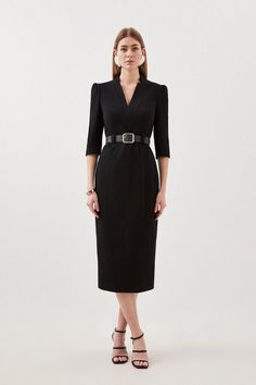 Structured Crepe Forever Belted Midaxi Pencil Dress | Karen Millen Formal V-neck Midi Dress, Classic Tailored V-neck Dress, Elegant Fitted Belted V-neck Dress, Chic V-neck Midi Dress For Business, Classic V-neck Semi-formal Dress, Classic V-neck Career Dresses, Chic Sheath V-neck Dress For Formal Occasions, V-neck Midi Dress With Fitted Bodice For Work, Fitted Bodice Midi Dress For Workwear With V-neck