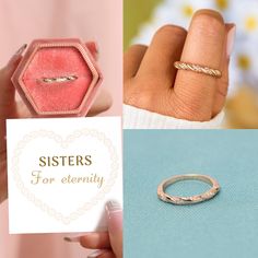 Our twisted rings is made with 925 sterling silver covered with real Rose gold. With a meaningful message card included, this sweet, dainty twist ring is the perfect gift for a sister or best friend. 💗CARD MESSAGE💗 Sisters for eternity. ❥ Informations * Made with 925 Sterling Silver * Finish : 18k Real Rose Gold * Gemstones : Cubic Zirconia * Come with cute packaging box and lovely message card * This ring will never Tarnish or turn green. Its made with pure 925 sterling Silver covered with a Birthday Gift Best Friend, Best Friend Rings, Friend Rings, Sister Best Friend, Ring Rosegold, Real Rose, Gift Best Friend, Twist Ring, Gifts For Sister