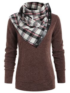 Round Neck Sweatshirt with Tartan Neck Gaiter - White - 3J07965117 - Original Design-Women's Clothing  #OriginalDesignWomensClothing #Original #DesignWomen's #Clothing Plain Sweatshirt, Round Neck Sweatshirts, Neck Gaiter, Tops Fall, Fashion Pattern, Print Pullover, Designer Outfits Woman, Long Sleeve Pullover, Long Sleeve Hoodie