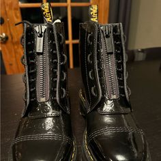 Used Once. Looks And Feels Brand New! Patent Leather Round Toe Boots With Zipper, Patent Leather Boots With Zipper And Round Toe, Black Patent Leather Boots With Zipper Closure, Leather Platform Boots, Shoes Dr Martens, Dr Martens Womens, Dr Martens Black, Dr Martens Shoes, Martens Shoes