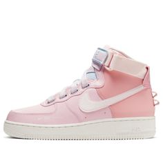 Supporting a new generation of innovative women, the Nike Women's Air Force 1 High Utility is highlighted in the 'Force is Female' initiative. Dropped in November 2019, this women's edition boasts a 'Echo Pink' scheme across the leather upper, a contrast tongue, and standout Swooshes. 'Force' and 'Female' appear on the ankle strap. A Sail-colored rubber cup sole housing Air technology delivers the final flourish.  SKU: CQ4810-621 Release Date: 13 Nov 2019 Color: Multi-Color Functional Pink Waterproof Sneakers, Functional Waterproof Pink Sneakers, Pink Waterproof Low-top Sneakers, Pink Waterproof Sneakers With Round Toe, Waterproof Sporty Sneakers For Spring, Sporty Waterproof Sneakers For Spring, Modern Waterproof Synthetic Sneakers, Functional Round Toe Sneakers, Af1 High