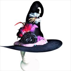 Black Halloween Witchy Hat, Large Brim, Decorated With Multicolor Feathers, Handcrafted Flowers, Bows, Gauze And Beads Hat Band. One Size Fits All. Handcrafted, New, Never Worn. Witchy Costume Hats And Headpieces For Party, Purple Hats For Halloween Costume Party, Purple Costume Hats And Headpieces For Halloween, Black Hats For Mardi Gras Costume Party, Purple Halloween Party Hat, Adjustable Purple Costume Accessories For Party, Handmade Halloween Costume Hats And Headpieces For Party, Adjustable Purple Halloween Hat, Whimsical Purple Halloween Costume Hats And Headpieces