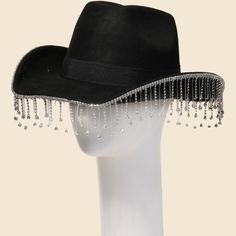 A Gorgeous Unique Must Have Trending Western Hat Has A Beautiful Rhinestone Fringe Western Hat Design. A Stunning Must Have For The Spring Season! This Item Is Sold In Packs Of 1. Adjustable Inner String This Item Is Made With: 90% Polyester 10% Alloy We Include A $1.75 Surcharge On This Item For Flat Rate Shipping Only. Made In China Label Labeled Maroon Hat, Halloween Jason, Mens Beanie Hats, Pom Pom Beanie Hat, Rhinestone Fringe, Western Hat, J Black, Black Balloons, Army Fashion