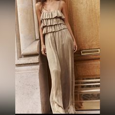 Nwt Zara Pleated Jumpsuit Brand New With Tags Chic Beach Jumpsuits And Rompers With Ruffles, Elegant Beige Jumpsuits And Rompers For Summer, Fitted Ruffle Jumpsuits And Rompers For Vacation, Fitted Ruffled Jumpsuits And Rompers For Vacation, Chic Beige Jumpsuits And Rompers For Brunch, Chic Beige Jumpsuits For Brunch, Elegant Beige Jumpsuits And Rompers For Day Out, Elegant Ruffled Jumpsuits And Rompers For Brunch, Summer Beige Jumpsuits And Rompers For Date Night