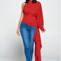 One Shoulder Solid Red Formal Party Holiday Blouse With Train. Great Piece For The Holiday's. 97% Polyester 3% Spandex Made In Usa Available In S, M, L Chic Red Party Blouse, Chic Red One-shoulder Top, Red Fitted Top For Party Season, Elegant Red Party Tops, Red One-shoulder Top For Night Out, Red Fitted Top For Evening, Red Long Sleeve Tops For Party Season, Fitted Red Top For Evening, Red Long Sleeve Party Top