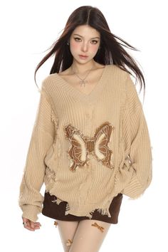 Distressed Butterfly Aesthetic Sweater, beige sweater, oversized sweater, This distressed butterfly sweater combines earthy tones with a bold butterfly accent on the front. Frayed edges and a soft knit texture make it ideal for a laid-back, nature-inspired outfit