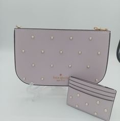 Retail $428 8.8"(W)5.4"(H)0.72"(D) Strap Drop 7.5" , Metal Pin Mount With Kate Spade Logo, 3 Card Slots, Saffiano Leather, 2 Way Script Logo Lining. Style#Kf399 With Kate Spade Madison Studded Pearl Card Holder 4"(L)3"(H) Kate Spade Logo, Matching Cards, Metal Pins, Kate Spade New York, Pink Purple, Kate Spade, Card Holder, Bag Lady, Handbags