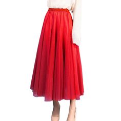 Red Pleated Tulle A-line High Waist Skirt Red Tiered Skirt With Relaxed Fit, Chic Red Midi Skirt, Red Flowy Skirt For Spring, Fall Flared Tulle Skirt, Red Long Skirt For Fall, Spring Red Tiered Skirt, Flowy Red Skirt For Spring, Red A-line Party Bottoms, Red Full Skirt For Fall