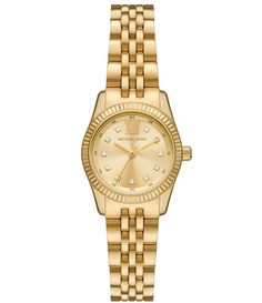 From Michael Kors&#x2C; the Women's Lexington Three-Hand Gold Tone Stainless Steel Bracelet Watch features: Gold-tone stainless steel bracelet and case Gold sunray dial2 pusher foldover clasp closureThree-hand movementBand width approx. 14mmCase size approx. 26mmCase thickness approx. 8mm Inner Circumference: 175 /- 5mmWater Resistance: 10 ATMImported. Michael Kors Lexington Watch, Michael Kors Lexington, Gold Plated Watch, Crystal Watches, Three Hands, Quartz Bracelet, Diamond Watch, Watch Sale, Stainless Steel Watch