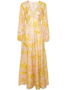 light pink/yellow silk satin finish lightweight construction all-over floral print V-neck long puff sleeves with elasticated cuffs flared skirt two front slits full-length straight hem concealed rear zip fastening Silk Yellow Dress, Floral Rosa, Yellow Silk, City Dress, Silk Midi Dress, Linen Maxi Dress, Floral Print Maxi Dress, Floral Print Maxi, Satin Maxi Dress