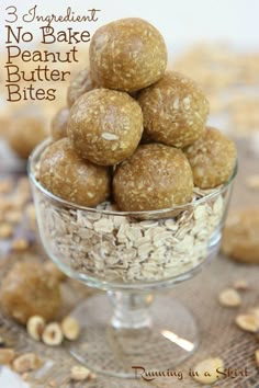 no bake peanut butter bites in a glass bowl with oats on the side