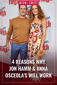 two people standing next to each other in front of a red carpet with the words 4 reasons why jon hamm and ansela osceola's will work