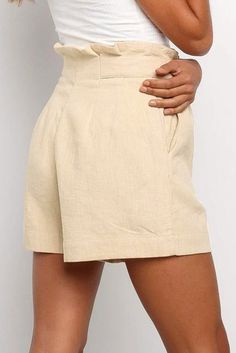 Beige Frilled High Waist Shorts Off Shoulder Shirt, Fall Winter Dresses, Wide Leg Linen Pants, Shoulder Shirts, Long Blouse, Linen Clothes, Linen Women, Shorts With Pockets, Straight Leg Pants