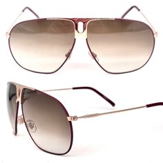 YSL Saint Laurent 2117 golden aviator sunglasses made and designed in France in the 80s. Elegant golden metal frames in a classic aviator/ drop shape with oval cutoff detail on the nose bridge and burgundy enameled rims. finely carved brand logo on the temples sides. Measurements in mm Cal 62-09 Overall 135  Lenses width 62 height 50  Temples 140 Ysl Saint Laurent, Marken Logo, Metal Frames, Nose Bridge, Aviator Sunglasses, Eyewear Sunglasses, Sunglasses Accessories, Bordeaux, Brand Logo