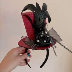 Pink Hat Headband With Decorative Black Rose, Rhinestones And Feather. Never Worn. Great For A Costume, Party, Cosplay, Or However You See Fit. Fun Hats For Women, Hotel Ideas, Funky Hats, Hat Headband, Holiday Hotel, Fancy Hats, Colorful Feathers, Pink Hat, Cool Hats