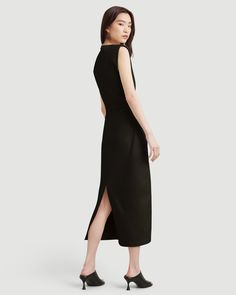 Elegant Cotton Workwear Dresses, Elegant Cotton Dress For Work, Classic Ruched Midi Dress For Work, Chic Workwear Maxi Dress With Pleated Back, Chic Pleated Back Maxi Dress For Work, Chic Midi Dress With French Seams, Chic Formal Midi Dress With French Seams, Chic Maxi Dress For Work, Elegant Sleeveless Midi Dress With French Seams