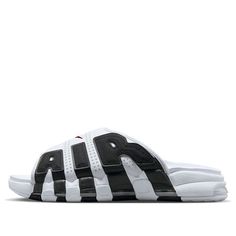 Nike Air More Uptempo Slide 'White Black Red' FB7815-100 White Breathable Slides With Round Toe, White Sporty Slides For Outdoor, Casual White Slides For Outdoor, Sporty Slides With Air Cushioning For Sports, Sporty White Breathable Slides, White Synthetic Slides For Outdoor, White Low-top Sporty Slides, Sporty White Slides For Sports, White Sports Slides With Cushioned Footbed