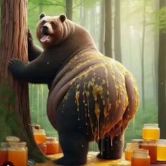 a bear standing next to a tree with honey jars around it's legs and mouth