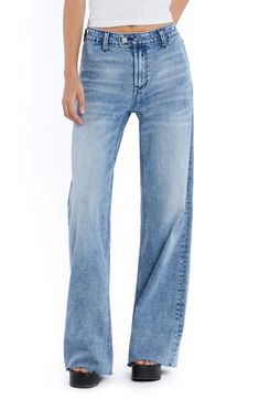 Tailored with an easy-fitting wide leg, these stretch-denim jeans feature a flat front and two back patch pockets. 32" inseam; 23" leg opening; 10 1/4" front rise Zip fly with button closure Back patch pockets 69% cotton, 27% REPREVE® recycled polyester, 3% rayon, 1% spandex REPREVE recycled polyester is made from 100% post-consumer recycled plastic bottles Machine wash, tumble dry Imported Mid-rise Washed Relaxed Fit Flare Jeans, Mid-rise Washed Flare Jeans With Relaxed Fit, Denim Blue Mid-rise Relaxed Fit Flare Jeans, Blue Relaxed Fit Straight Flare Jeans, Blue Straight Flare Jeans With Relaxed Fit, Everyday Medium Wash Full Length Flare Jeans, Everyday Medium Wash Full-length Flare Jeans, Relaxed Fit Washed Flare Jeans, Blue Flare Jeans With Straight Hem For Everyday