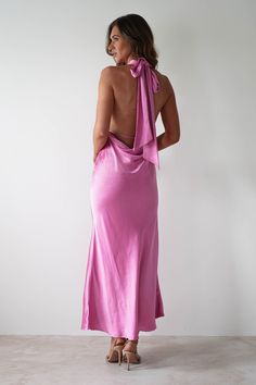 Kaylah Satin Halter Neck Maxi Dress | Bright Pink Bright Pink Maxi Dress, Pastel Pink Dress, Beach Wedding Guest Dress, White Bridal Dresses, Halter Prom Dresses, Pink Silk Dress, Maxi Dress Wedding Guest, White Bridesmaid Dresses, Halter Neck Maxi Dress