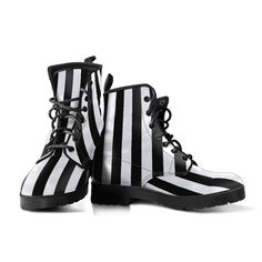 Men's/Women's Vegan Boots Black and white stripes ♥ See our other striped items here: https://www.etsy.com/shop/BlueStarTrader?search_query=stripe When did you last feel that your shoes help express your personality? Or when is the last time you were complimented on your shoes? If this isn't often, then read on... Most local shoe stores don't carry footwear with designs as unique as this. In fact, you can't buy these anywhere else. This design unique with black and white checkered design on both Beetlejuice Costume, Shoe Stores, Goth Boots, Combat Style, Boots Combat, Striped Shoes, Checkered Design, Vegan Boots, Rockabilly Fashion