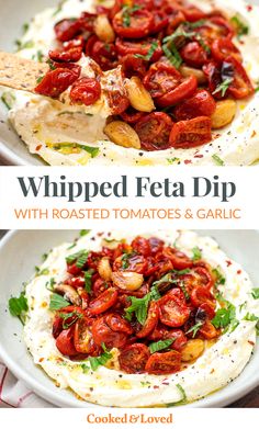 two plates filled with roasted tomatoes and garlic topped with whipped feta dip on top