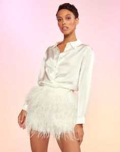 White Feather Skirt, Feather Mini Skirt, Silk Mini Skirt, Feather Skirt, Knee Skirts, Night Night, White Feathers, Ostrich Feathers, Fall Skirts