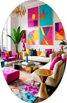 a living room filled with lots of furniture and colorful paintings on the wall above it