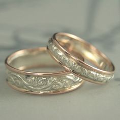 Two Tone Wedding Set His Hers Two Tone Rings Women's Wedding Bands Mens Wedding Rings Couple's Bands Gold Edged Rings Two Tone Pattern Bands In our Touch of Gold Series we add a 1mm full round piece of 14K gold stock to either side of some of our most popular designs. This listing brings two of our most popular designs together for a very unique yet classic looking wedding set. The wider band is our Flourish le Femme Touch of Gold Band. The pre-patterned silver stock in its center measures 4mm w Two Tone Wedding Rings, Women's Wedding Bands, Couple Band, Gold Stock, Rings Women, Handmade Engagement Rings, Palm Coast, Womens Wedding Bands, Wedding Set