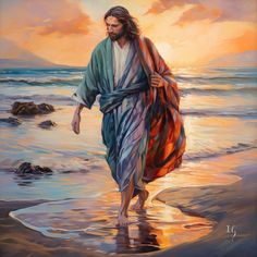 a painting of jesus walking on the beach