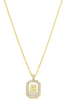 A textured pendant centered with mother-of-pearl and an initial is suspended from a dainty chain necklace and finished in warm 14-karat-gold plating. 16" length; 2" extender; 0.5"W x 0.75"L pendant 14k-gold plate/mother-of-pearl/glass crystal Imported Dainty Chain Necklace, Initial Pendant Necklace, Dainty Chain, Initial Pendant, Glass Crystal, Gold Plating, Womens Jewelry Necklace, Mother Of Pearl, Jewelry Necklace Pendant