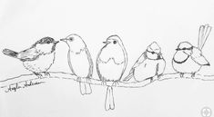 three birds are sitting on a branch with one bird looking at the other while another sits in the background