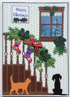 a christmas card with a cat and dog on the stairs next to a window that says happy christmas