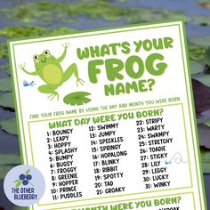 a frog is sitting on top of lily pads with the words, what's your frog name?