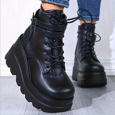 Category:Boots; Upper Materials:PU; Season:Winter; Heel Type:Platform,Chunky Heel; Gender:Women's; Toe Shape:Round Toe; Type:Booties Ankle Boots; Style:Industrial Style,Fashion,Gothic,Comfort,Punk; Heel Height(inch):2-3; Outsole Materials:Rubber; Occasion:Outdoor,Daily,Party; Closure Type:Lace-up; Pattern:Solid Color; Listing Date:09/24/2023; 2023 Trends:Plus Size,Combat Boots,Platform Boots,Lace Up Boots,Height Increasing Shoes Wedge Boots Ankle, Platform Combat Boots, Leather Motorcycle Boots, Mode Punk, Ankle Boots Women, Wedge Heel Boots, Lace Up High Heels, Wedges Shoes, Moda Punk