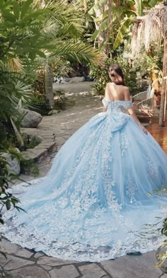 Long pastel tulle a-line quinceanera ball gown with off the shoulder straps and sequin details. Light Blue Quinceanera Dresses, Cinderella Quinceanera, Off Shoulder Ball Gown, Quinceanera Dresses Blue, Pretty Quinceanera Dresses, Sequin Appliques, Quinceanera Dress, Bahama Blue, Prom Designs