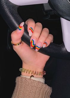 Rainbow Acrylic Nails Almond, Nail Art Designs For Almond Shape, Rainbow Valentines Nails, Nail Art Designs Rainbow, Pride Nails Almond Shape, Rainbow Fire Nails, Pride Nails Designs Almond, Retro Rainbow Nails, Minimalist Pride Nail Art