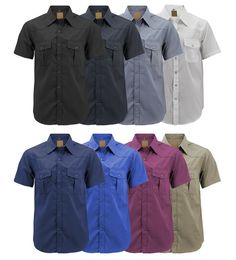 Welcome to VK Apparel   VK Apparel   Home About Policies Contact   Description Men’s short sleeve western shirt features front pearl snap closure, classic spread collar, two snap button flap chest pockets & a curved hem. The back of the shirt features a classic western shirt style yoke design element. The solid color design of the shirts makes them perfect for outdoor events, rodeos or everyday casual wear. Material: Cotton Blend Snap button closures Spread collar Western design yoke on the back Royal Blue Dress Casual, Cowboy Dress, Casual Denim Dress, Western Pearl Snap, Button Down Short Sleeve, Button Up Shirt Mens, Short Sleeve Dress Shirt, Western Design, Denim Shirt Dress