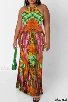 Olivia Mark - Chic Hollowed Out O Neck Sleeveless Plus Size Dress with Fashionable Print in Orange and Green Sleeveless Multicolor Dress With Tropical Print, Multicolor Sleeveless Dress With Tropical Print, Sleeveless Multicolor Floral Print Maxi Dress, Sleeveless Multicolor Print Summer Dress, Sleeveless Tropical Print Maxi Dress, Tropical Multicolor Sleeveless Dress, Multicolor Print Sleeveless Dress For Spring, Tropical Sleeveless Multicolor Maxi Dress, Tropical Multicolor Sleeveless Maxi Dress