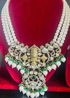 High-quality Victorian finish Balaji Pearl haram set with mossanites, comes with matching earrings. Victorian finish pendant and earrings. Elegant Kundan Necklace With Stone Work For Navratri, Traditional Festive Jewelry Set With Pearl Pendant, Festive Traditional Jewelry Set With Pearl Pendant, Diwali Designer Bridal Necklace With Intricate Design, Traditional Kundan Pearl Pendant Necklace, Temple Style Kundan Necklace With Pearl Pendant, Traditional Pearl Pendant Necklace For Diwali, Temple Jewelry Style Chandbali Pearl Necklace With Pendant, Kundan Temple Jewelry Necklace With Pearl Pendant