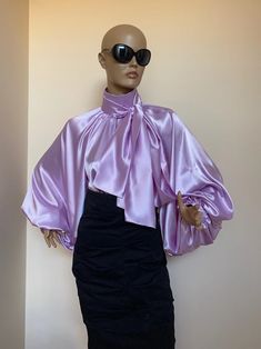 Lilac Satin Blouse Puff Sleeves Blouse Satin Shirt Bow Tie - Etsy Puffy Shirt, Puff Sleeves Blouse, Lilac Blouse, Grunge Jacket, Blouse Satin, Stepford Wife, Satin Bluse, Drag King, Satin Fashion