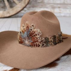 "Natural feather hat band. Center crest measures 4.5\" W x 3\" H. Adjustable with leather lace ties.  Natural feathers Adjustable hatband *This product is for 1 single hat band. Hat not included.  Feather * Imported * Adjustable with leather lace ties to fit most hat sizes. * Length: 57 cm, not including leather ties. * Made from natural feathers for an authentic and unique appearance." Feather Hat Bands, Brown Hat Bands With Feathers For Western-themed Events, Adjustable Feathered Top Hat For Kentucky Derby, Curved Brim Hat Bands With Feathers For Western-themed Events, Adjustable Top Hat With Feathers For Kentucky Derby, Western Adjustable Costume Hats And Headpieces For Country Events, Western Costume Hat With Flat Crown, Rustic Winter Hat Bands For Country Events, Adjustable Feather Hat Bands For Western-themed Events