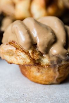 a close up of a pastry with icing on it