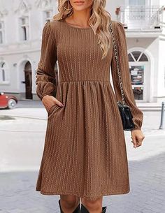 F00279086-205 Casual Brown Winter Dress, Fall Long Sleeve Mini Dress With Pockets, Fall Mini Dresses With Pockets, Fall Beige Dresses With Pockets, Beige Dress With Pockets For Fall, Solid Dresses With Pockets For Fall, Mini Dresses With Pockets For Fall, Fall Long Sleeve Midi Dress With Pockets, Fall Knee-length Mini Dress With Pockets