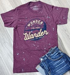 Explore the world with our Wonder tee! Made of a 50/50 cotton-polyester blend, it's perfect for any adventure -- and its message will keep you pondering the possibilities. Wander about in comfortable, stylish fashion! Summer Adventure T-shirt With Text Print, Casual Slogan T-shirt For Outdoor, Trendy Outdoor Graphic Print T-shirt, Cotton Crew Neck T-shirt For Travel, Cotton Graphic Tee For Adventure, Casual Outdoor Slogan T-shirt, Casual Soft-washed Tops For Outdoor Activities, Trendy Outdoor Relaxed Fit T-shirt, Trendy Relaxed Fit T-shirt For Outdoor