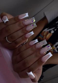 Nail Designs Bday, Nails For 16 Birthday, Sliver Nails Ideas Long, White Rhinestone Acrylic Nails, Sliver Nails Black Women, Nails Ideas Medium Length, Birthday Nail Set Ideas Sweet 16, Anniversary Nails Acrylic, White Boujee Nails