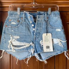 Brand New With Tags.. Perfect Condition No Flaws Levi's Jeans With Button Closure For Summer, Levi's Summer Jeans With Button Closure, Levi's Distressed Medium Wash Jean Shorts, Distressed Levi's Shorts, Levi's Denim Cutoff Shorts, Levi's Cutoff Denim Blue Shorts, Levi's Denim Blue High-waisted Shorts, Levi Jean Shorts, Mid Rise Denim Shorts